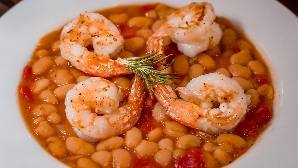 Gamberoni con Cannellini - Grilled Shrimp, White Beans, Fresh Tomato