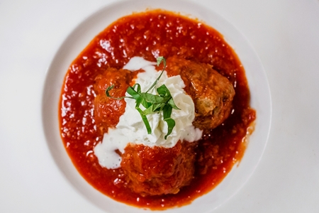 Polpette della Nonna - Vignone (Nonna) Meatballs, Sunday Gravy, Romano Whipped Cream, Basil